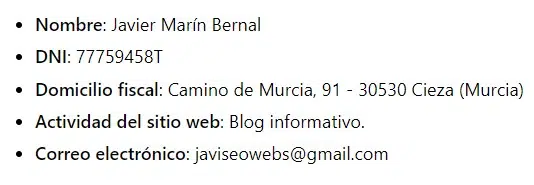 Información fiscal del responsable de citasdni.es